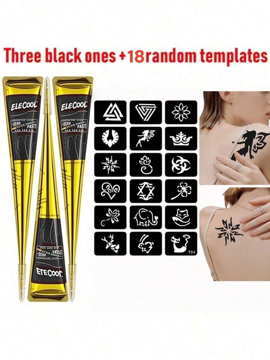3支装海娜纹身膏套装,棕色/黑色/红色,半永久性海娜纹身膏,防水海娜纹身膏,适用于人体彩绘,易于使用,附赠12张贴纸,素描风格 - 彩色 - 查看 1