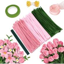 682 piezas Kit para hacer ramos de limpiapipas de tres colores (rosa y verde) - Ideal para regalos hechos a mano, decoración del hogar, regalos de cumpleaños y amantes de las manualidades DIY - kit de flores rosas - Ver 8
