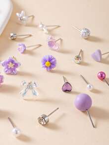 30pcs/Set Delicate Earring Set, Cute & Fashionable Bowknot, Flower, Heart Shaped Metal & Faux Pearl Rhinestone Elements, Versatile Daily Wear Minimalist Earrings For Women - Multicolor - View 4