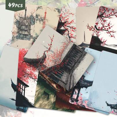 49张水墨中国风插画艺术贴纸套装 | 动感十足的乙烯基贴纸，包含奇趣的传统山水花卉图案 | 适用于笔记本电脑、家居装饰和礼品 | 艺术爱好者和氛围营造爱好者的理想之选 | 趣味贴纸 | Kindle剪贴簿用品 | 笔记本电脑贴纸