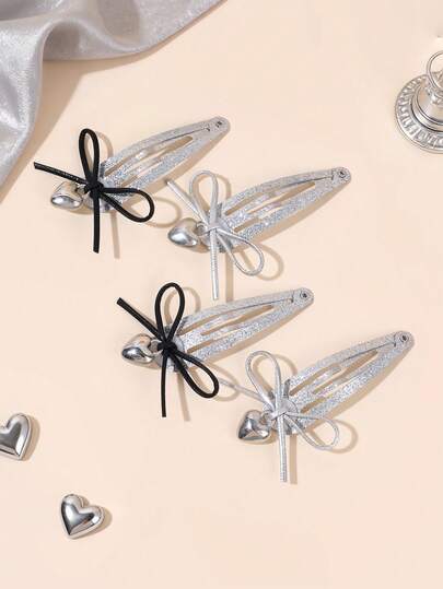 4pcs Silver Shiny Snap Hair Clips For Girls Heart /Bow Decor BB Clips Y2K Cool Girls Hair Clips Sparkly Fashion Barrettes Delicate Gift Hairpins Teens Hair Accessories