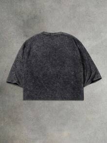 男士夏季街头哥特风印花方领短款T恤，略带弹力水洗黑色休闲日常穿着短款T恤 - 黑色 - 查看 2