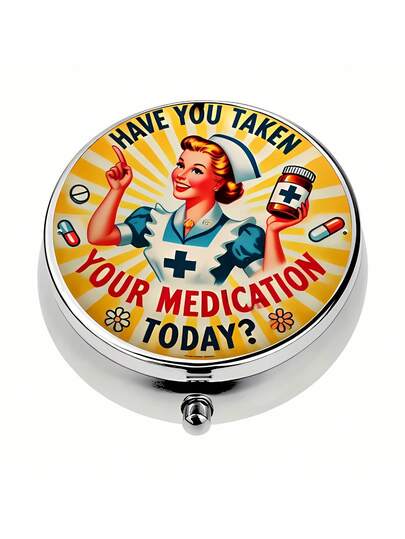 1pc Portable Metal Pill Box, Vintage Nurse Uniform Pill Reminder Pattern, 3 Compartments Convenient Round Pill Case, Multifunctional Vitamin, Capsule, Tablet And Jewelry Storage Box, Best Family Friend Gift, Portable Medication Container, On-The-Go Pill Holder, Vitamin Storage, Interesting Design, Round Container, Moisture-Proof Material, Plastic, Practical And Fun Thoughtful Gift