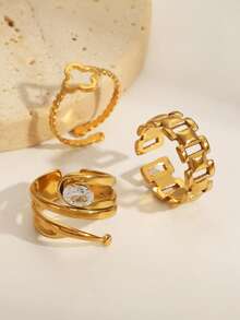 3pcs/Set 18K Stainless Steel Hollow Flower & Circular Line Open Ring Set, Inlaid Oval Zirconia, Suitable For Women's Daily Wear - Gold - View 2