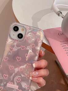 1pc Korean Style Pink Heart Phone Case, Suitable For IPhone 17 Pro Max, 14, 12, 15, 13, 11 Pro Max - Pink - View 2