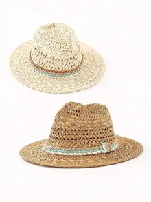 1pc Bohemian Hollow Out Straw Panama Hat, Waterdrop Shaped Beach Hat, Versatile For All Seasons - Teardrop-shaped Hat - View 4