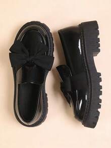 女士漆皮粗跟蝴蝶结乐福鞋，优雅圆头厚底防滑鞋底，休闲正装鞋，适合商务办公及日常穿着。 - 黑色 - 查看 3