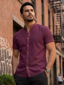 Men's Premium Short-Sleeve Shirt, Lightweight Fabric, Easy To Iron,  For Summer And Beach, Linen Look - - 勃根地紫 - 查看 5