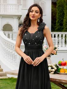 MIUSOL 亮片花卉蕾丝心形领口无袖荷叶边雪纺开衩长款正式派对礼服、晚礼服，适合婚礼宾客、毕业典礼、盛大晚宴等场合，黑色，夏季优雅 - 黑色 - 查看 9