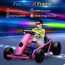 Viaje en Go Kart para niños, batería de 24V 9Ah dos motores de 300W, coche circulante de deriva rápida de 8MPH, función de inicio lento del juguete eléctrico con música, cuerno, carga máxima de 155 libras, juguete de carreras para niños de más de 8 años - Rosa - Ver 3