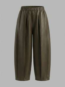 Women's Olive Green PU High Elastic Waist Pleated Capri Pants, Casual Outdoor Daily Commute Street Wear - Brown - View 2