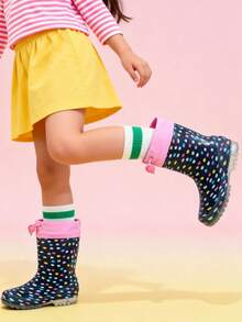 Toddler Rain Boots With Adjustable Drawstring – Lightweight Non-Slip PVC Rain Shoes For Girls, Cute Navy Polka Dot Design With Pink Trim - Navy Blue - View 2
