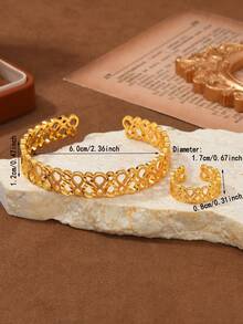 2pcs 24K Gold Plated Hollow Double-Ring Bracelet And Ring Set, Middle Eastern Saudi Arabia Ramadan Style, 3D Geometric Texture + Intricate Woven Design, Vintage Luxury Party Accessories - Yellow Gold - View 4