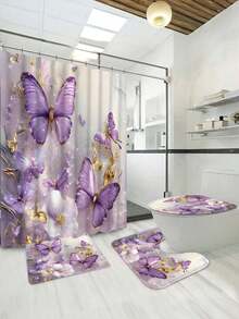 4pcs Gold & Purple Butterfly Pattern Shower Curtain With 12pcs Plastic Hooks, Bathroom Anti-Slip Mat, U-Shaped Toilet Lid Cover, Modern Home Bathroom Accessories - Multicolor - View 5