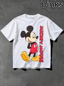 Mickey Mouse Disney Pattern Short Sleeve T-Shirt, Cartoon Element Fashion Loose Short Sleeve Street Style T-Shirt, Spring/Summer Fashion Versatile Top - White - View 2