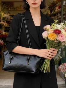 Solid Color PU Leather Minimalist Retro Versatile Women Tote Bag, Large Capacity Travel Essential Tote - Black - View 3