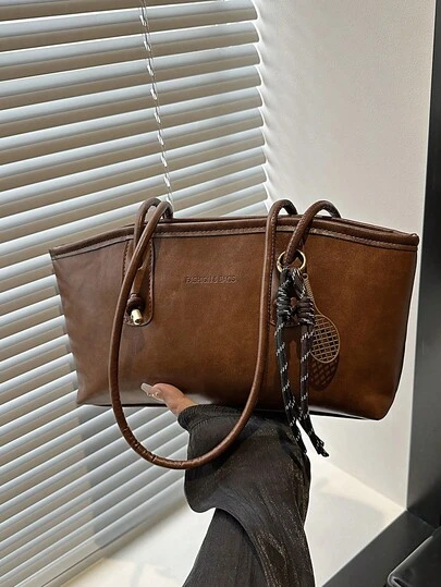 1个咖啡棕色绗缝拉链PU纯色保龄球包，大容量手提包，新款时尚复古风单肩包，适合女性日常使用，秋冬季，办公场合