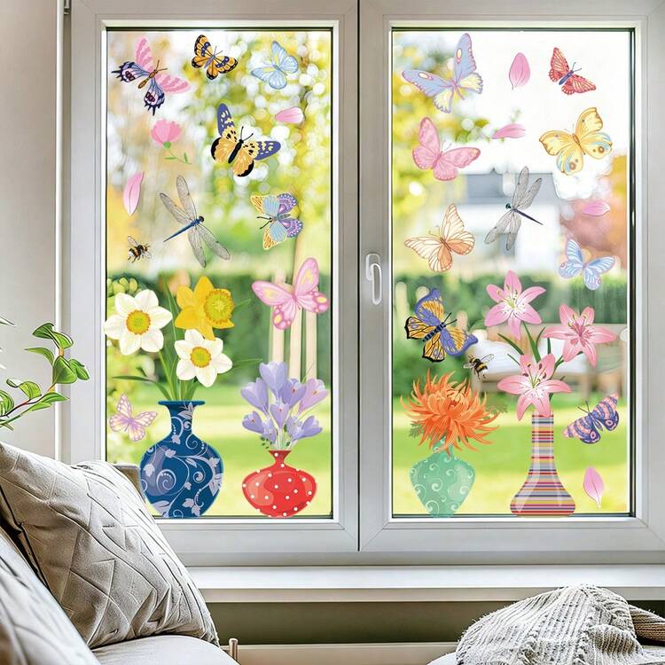 Bộ 4 miếng dán cửa sổ hình bình hoa và bướm mùa xuân hè, tự dán, có thể tháo rời, thích hợp trang trí phòng ngủ, phòng khách, nhà cửa và cửa sổ. - 4 tờ - Xem 1