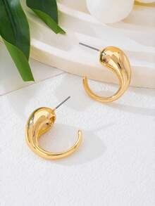 1 Pair Of Minimalist And High-End Metal Water Droplet C-Shaped Earrings, Atmospheric And Fashionable, Suitable For Daily Commuting And Other Activities (No Gift Box) - Yellow Gold - View 2