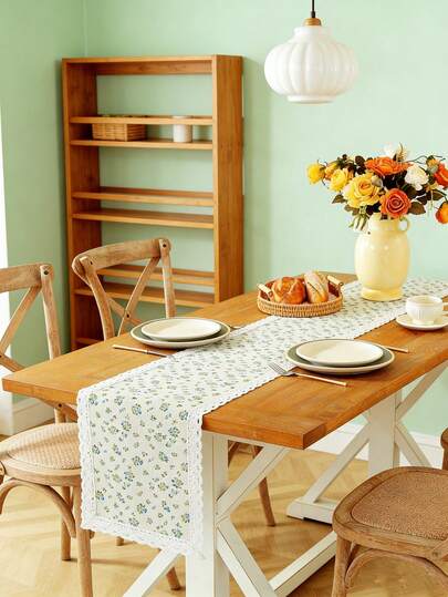 1pc Spring/Summer Yellow & Blue Floral Rectangular Table Runner, Beige Lace Trim, Washable, Suitable For Coffee Table, Cabinet, Dining Room, Living Room, Party, Picnic, Camping, Holiday Decor, Indoor & Outdoor