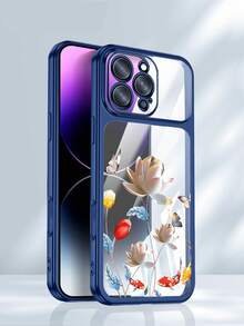 Hochwertige, galvanisierte, transparente Handyhülle für iPhone 15 Pro Max 16 Pro Max 13 14 Pro Max 14 Plus 15 Plus 16 Plus. Modisches, mattes Rundum-Design mit silbernem Lotus-Motiv. - Orange - Übersicht 1