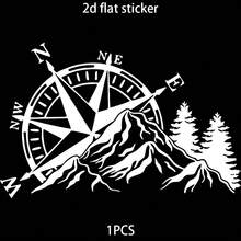 2D Flat Two-Tone Compass Sticker With Mountain And Pine Tree Pattern, Vinyl Material, Self-Adhesive, Semi-Matte Finish, Reusable On Cars, Laptops, Etc. - A - View 3