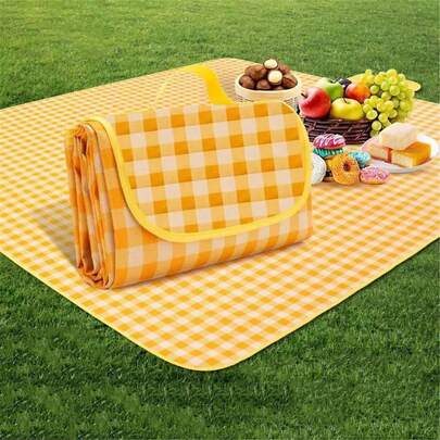1pc Folding Picnic Blankets Beach Bag, Large Family Picnic & Outdoor Beach Blanket Machine, Washable Plus Thick Checkered Sandproof Grass Waterproof Foldable Camping On Beach Mat,Perfect For Camping, Family & Friends Outings!