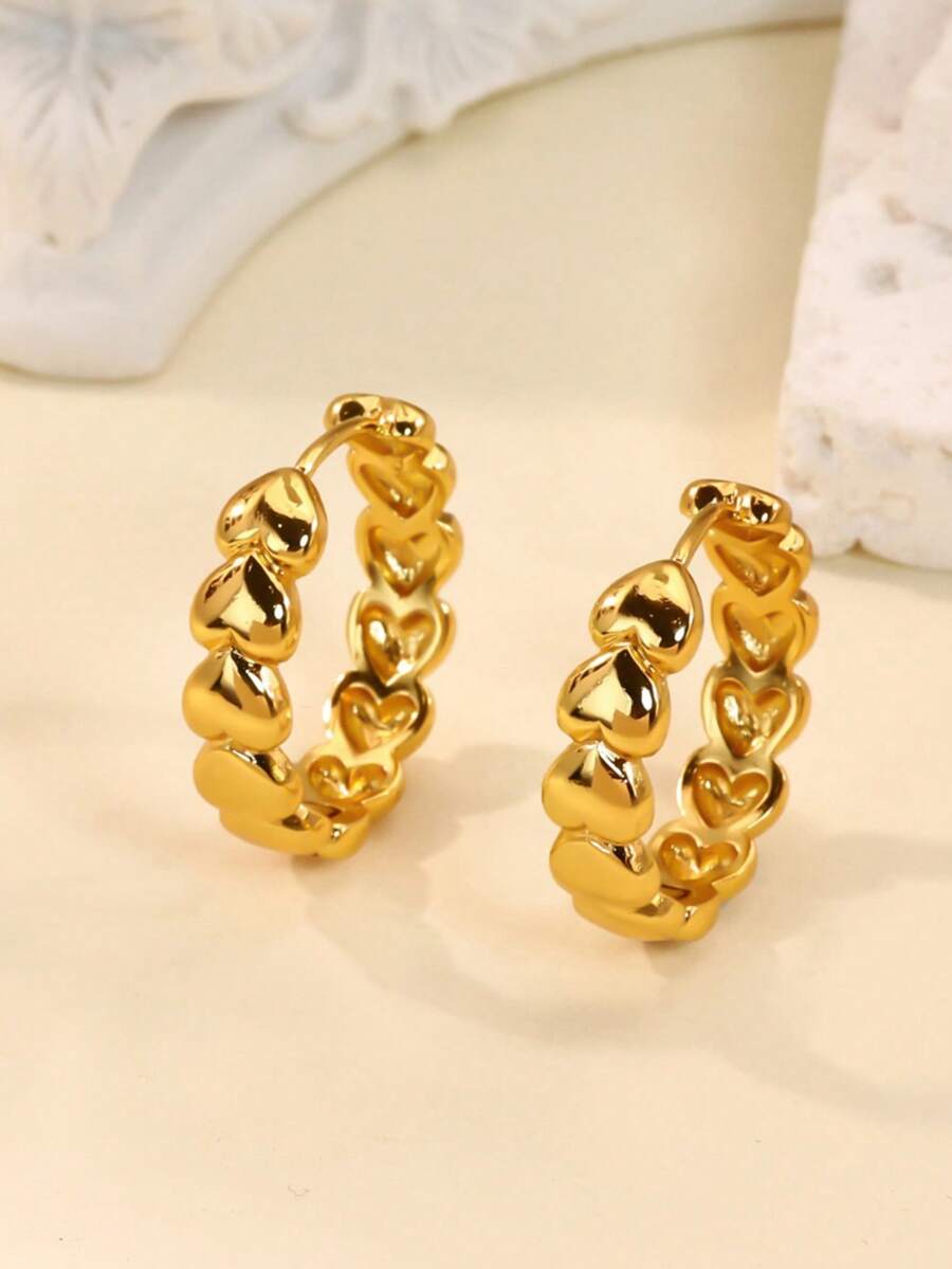 1对时尚心形耳环，女士18K镀金金属多心形耳环，婚礼派对周年纪念珠宝礼物 - 彩色 - 查看 1