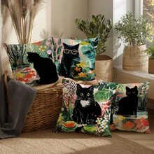 4件套油画风格黑猫金鱼植物图案抱枕套，单面印花，柔软桃皮绒面料，45*45厘米，适用于家居卧室客厅派对装饰，沙发装饰抱枕套，礼品装，不含枕芯 - 彩色 - 查看 6