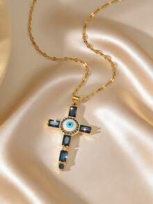Vintage Devil's Eye Cross Necklace, Colorful Rhinestone Inlaid Delicate Choker, Luxury Lightweight Necklace - Multicolor - View 16