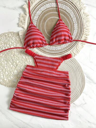 2026新款可爱甜美女士三件套比基尼，条纹弹力毛巾布面料，舒适柔软，适合度假、泳池、海滩等夏季穿着。