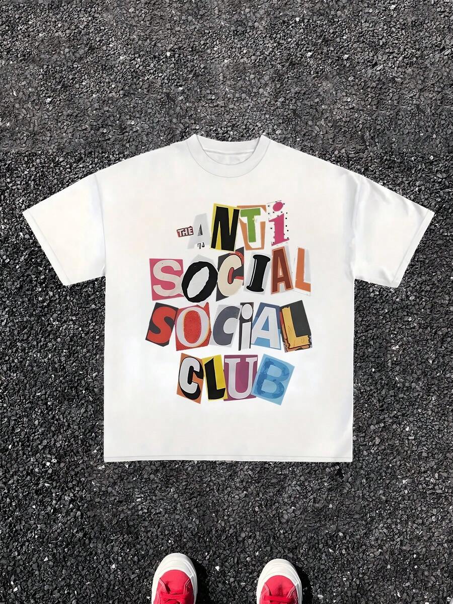1Pcs Anti Social Club Print TShirt, Streetwear 100% Cotton TShirt Men's Graphic TShirt Summer Casual TShirt Perfect Gift, Fashion Hip Hop Style Tee - White - View 1