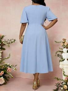 Fleurora 春夏优雅通勤办公室卡其色针织圆领喇叭泡泡袖中长短袖大码连衣裙女士办公室服装女士连衣裙优雅夏季女士服装 - 藍色 - 查看 2