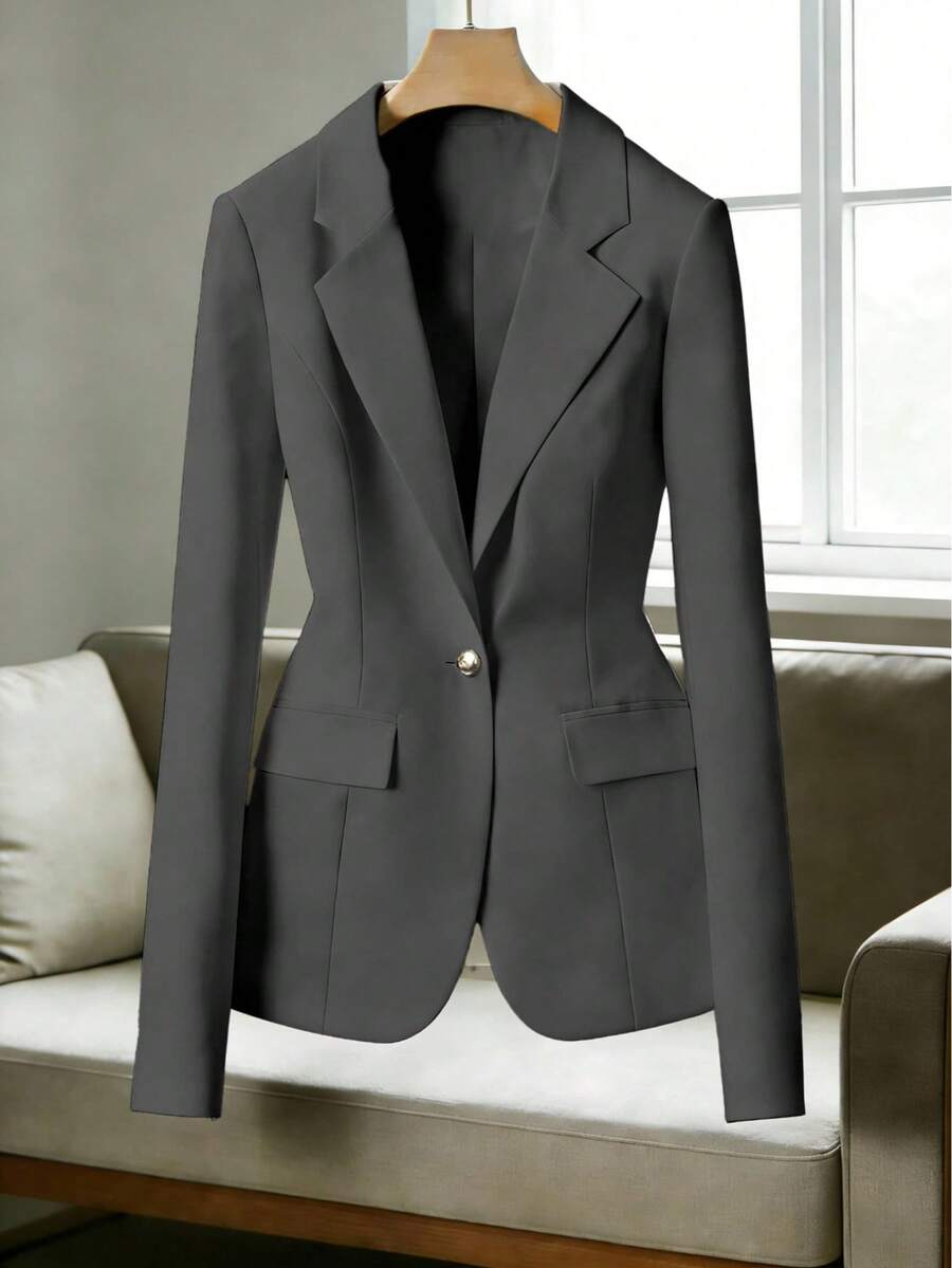Women's Blazer With Lining And Shoulder Pads, Formal And Elegant With Front Button. - Grey - View 1