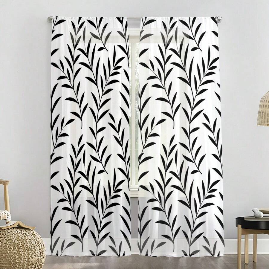 2片装黑白叶藤印花现代简约风格薄纱窗帘，100%涤纶面料，杆袋式设计，无衬里，90克/平方米，幅宽180厘米，适用于卧室、客厅、餐厅和浴室。 - 彩色 - 查看 1