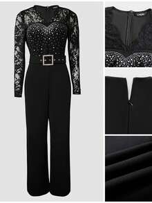 ChicMe Women's Rhinestone Shell Trim Deep V-Neck Lace Patchwork Jumpsuit, High Waist Zipper Back Straight Leg, Elegant Party Cocktail Dress Spring - Black - View 7