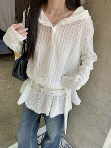 Sweet & Edgy Long Sleeve Hooded T-Shirt For Women, Unique Niche Loose Hollow Out Pullover - White - View 6