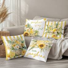 4 piezas Fundas de cojín decorativas minimalistas de verano con margaritas y limones, impresas por un solo lado en terciopelo melocotón de poliéster, 45*45/50*50/40*40CM para sofá moderno, decoración interior, decoración de fiesta, regalo - Multicolor - Ver 8