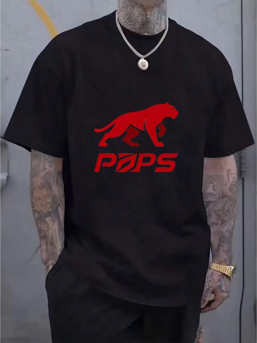 Men's Short-Sleeved Red T-Shirt With A Jumping Print. - Black - View 1
