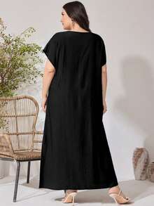 Vestido maxi de talla grande de unicolor con cuello en V, estilo vintage europeo y americano, suelto y elegante para el verano (Medida del busto) Negro - Negro - Ver 2