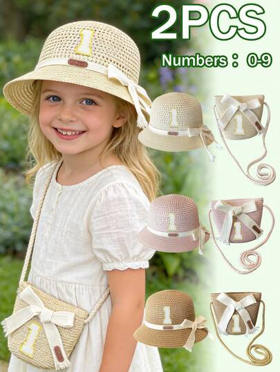 2件套0-9数字装饰女童草帽和草编包套装，编织宽檐遮阳帽，草编单肩包，DIY字母装饰时尚两件套，春夏度假风，适合4-9岁女孩，温度25℃以上