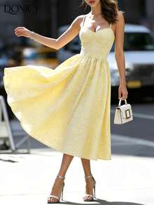 Women's Summer Sweetheart Neckline Floral Jacquard Midi Dress, Romantic Light Yellow Spaghetti Strap Vintage Dress, Ruched Bust Design, Suitable For Summer Vacation - Yellow - View 9