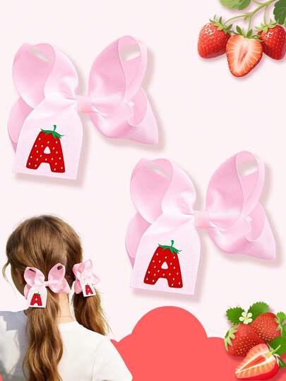 2pcs 26 Letters A-Z Strawberry Pattern Bow Hair Clips For Girls Fashionable Gift Teenagers Girls Hair Bows With Clips For Gift Festivals Party School