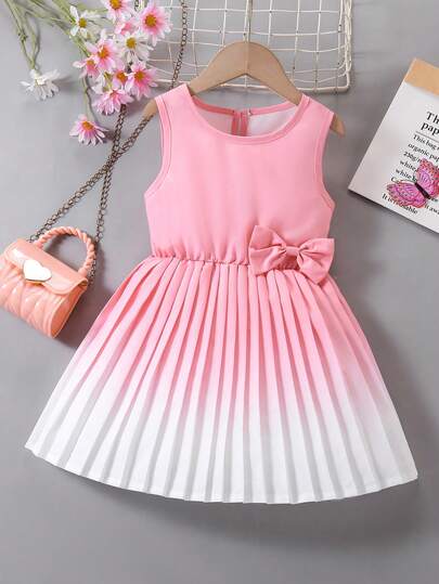 1pc Girls Casual Cute Outfit, Dopamine Style 3D Bow Decor Pleated Hem Ombre Design Round Neck Dress, Suitable For Park, Family Travel, Outdoor Vacation, Stage Performance, Birthday Party, Spring/Summer