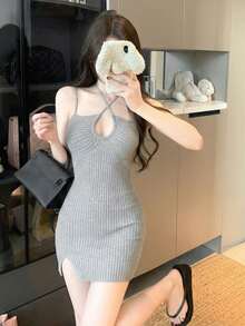 New Sweet & Spicy Casual French Drawstring Spaghetti Strap Slit Slim Knit Camisole Dress, Spring/Summer - Gray - View 8