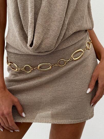 1pc Vintage Minimalist Metal Patchwork Waist Chain, Asymmetric Geometric Hollow Circle Waist Belt, Suitable For Women To Wear On Various Occasions As Body Jewelry