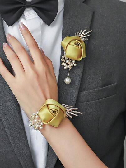 1 pieza/2 piezas Flor de rosa dorada con broche de aleación metálica y corsage de muñeca, adecuado para novio, novia, padrino, dama de honor, boda, compromiso, banquete, aniversario