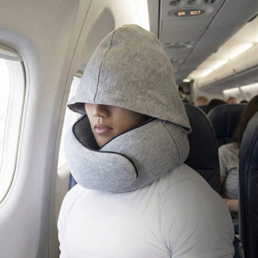 [Hat-Attached Neck Pillow]Memory Foam Travel Pillow Perfect For Office Or Car Use During Long Flights Includes Eye Mask And Earplugs; Portable And Foldable For Deep Relaxation - 灰色(無頭) - 查看 1