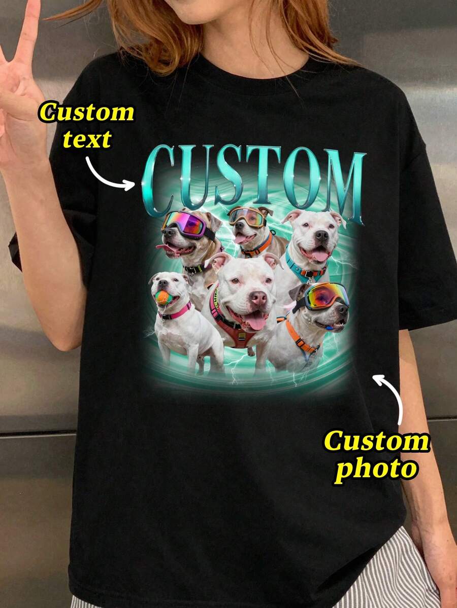 Customized Pet 90s Rap Dog Pattern T-Shirt, Can Add Custom Text/Images, Suitable For Daily Wear/Wedding Party/Company Gathering/Friends Photo - Black - View 1
