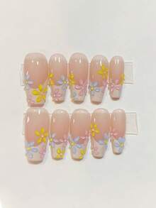 10片手工长棺材形美甲贴纸，裸粉色搭配乳白色法式尖角，饰以彩色3D立体花朵，可爱精致，适合女性和女孩，春、夏、秋、冬皆宜，可用于派对、日常佩戴。 - 彩色 - 查看 2